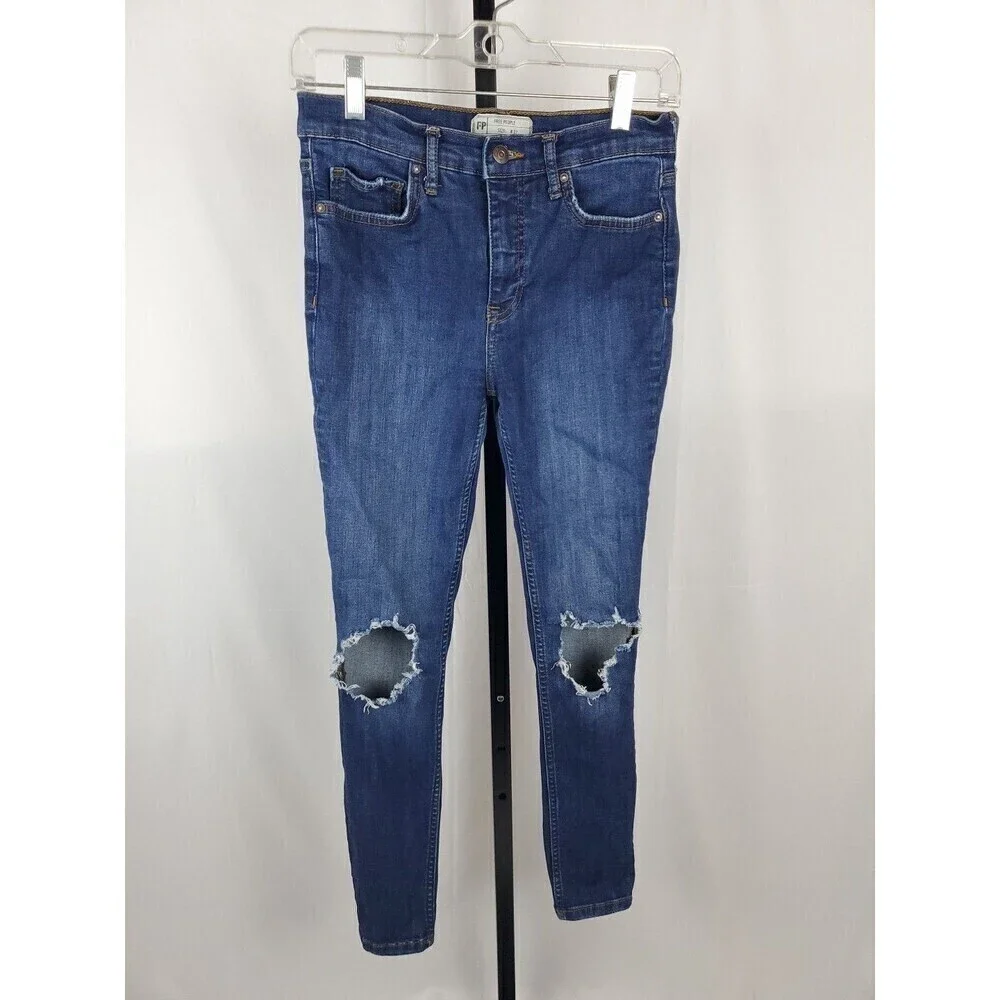 Free People Jeans Size 27x25 Skinny Leg Torn Distressed Stretch Denim Blue
